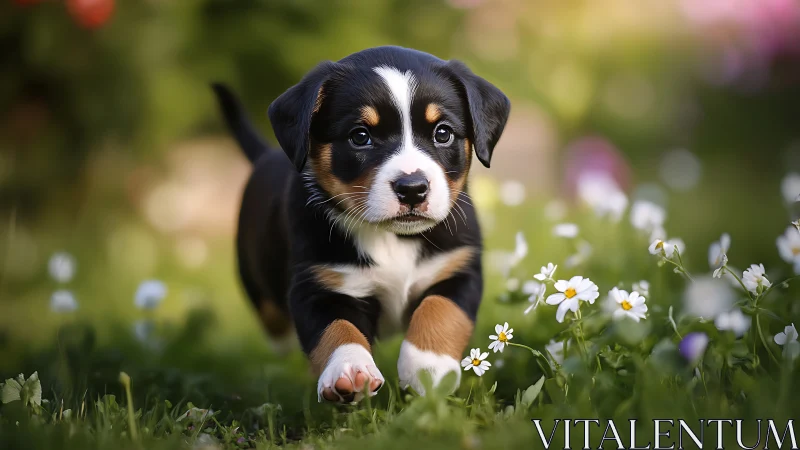Photorealistic puppy portrait in shallow-focus garden scene.