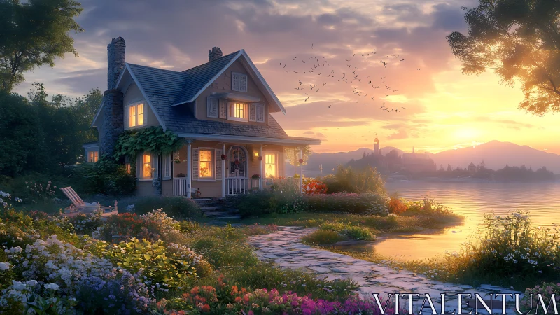 Lakeside cottage at sunset with flowers and warm lighting.