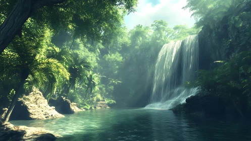 Sunlit tropical waterfall descends into clear jungle pool