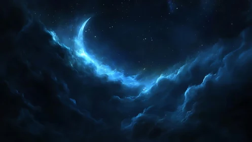Crescent moon glows softly above swirling midnight clouds