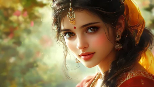 Digital portrait of jeweled woman in warm diffused bokeh light.