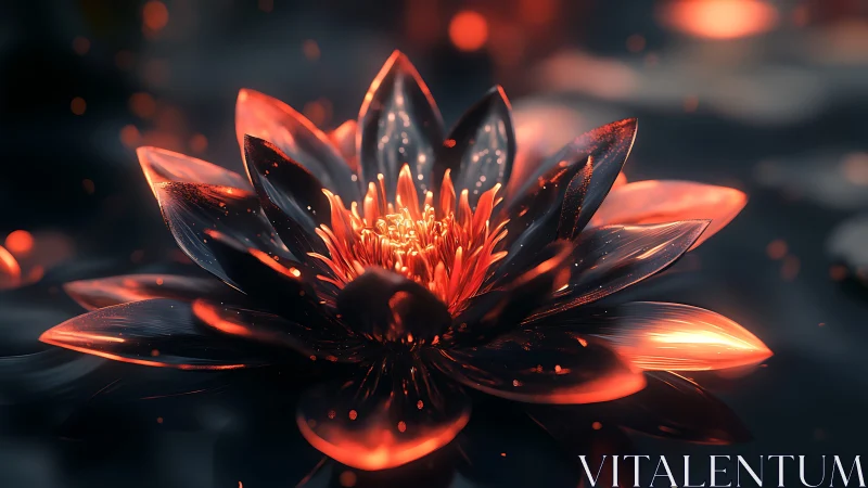 Glowing lotus blooms like molten ember on dark reflective water