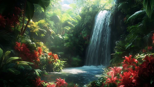 Lush tropical waterfall amid dense foliage and flowers.