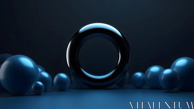 Midnight chrome torus with reflective blue spheres in void.