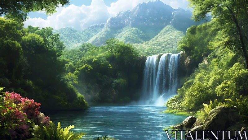 Waterfall and forest pool beneath distant green mountains.