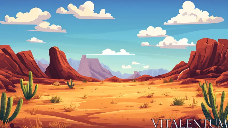 Colorful desert canyon valley with cacti under blue sky.