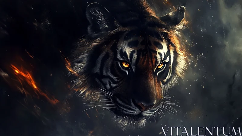 Tiger head with glowing eyes in dark smoke and embers.