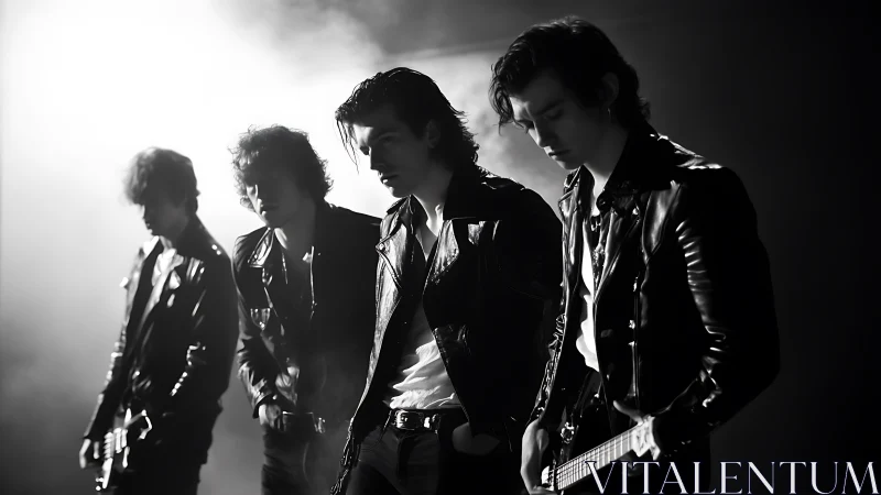 Four musicians stand in staged studio lighting wearing leather jackets