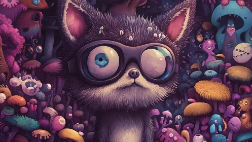 Goggle-eyed cryptid fox in bioluminescent fungal labyrinth.