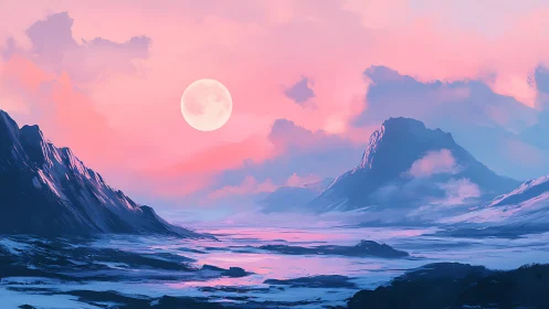 Lunar-illuminated glacial valley under saturated pink atmosphere.