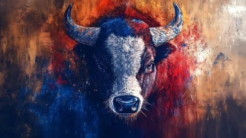 Bison portrait dominates vivid blue and red abstract field
