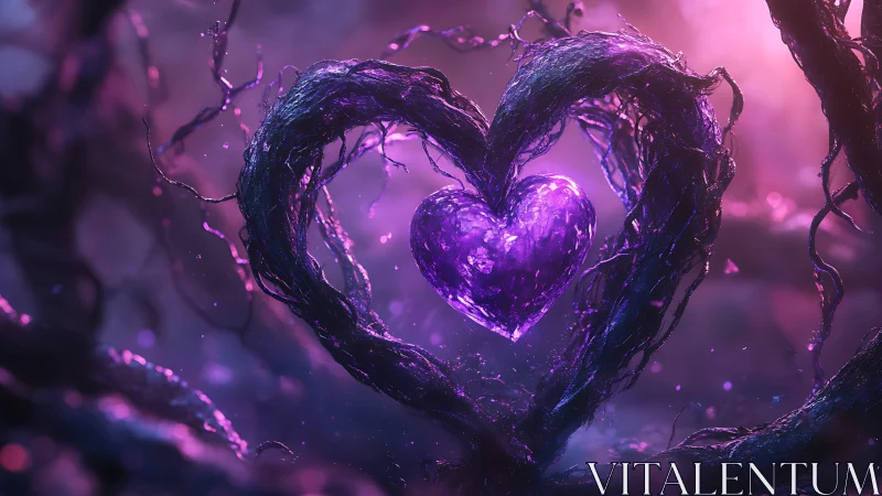 Glowing Heart Shaped Structure in Purple Forest.