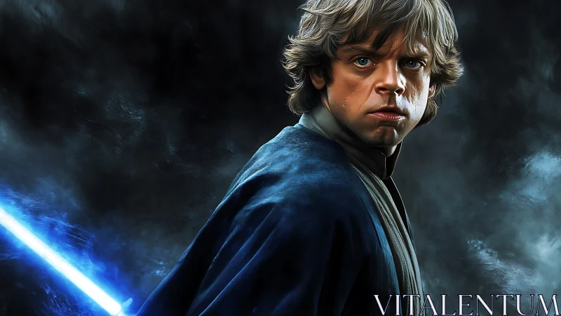 Young warrior portrait with glowing blue energy sword.