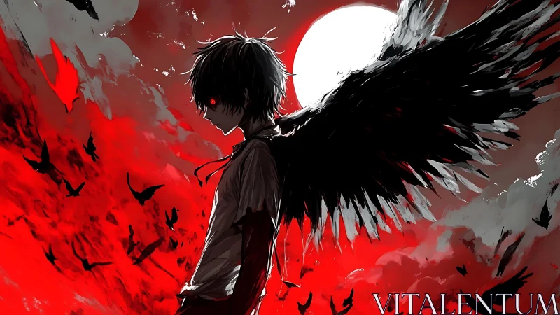 Winged figure silhouette against red sky and full moon.