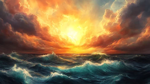 Dramatic ocean waves under illuminated sunset clouds.