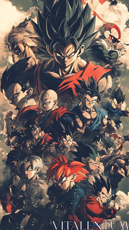 Dragon Ball warriors assemble in layered battle collage.