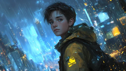 Young wanderer gazes over neon city in cold rain.