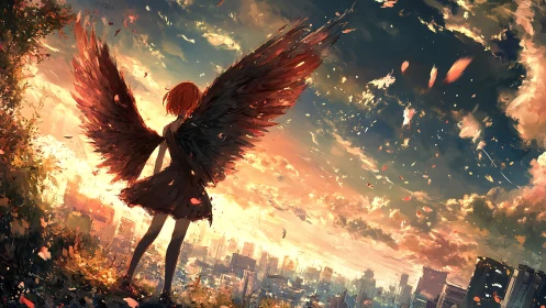 Winged dusk sentinel above a burning pastel skyline.