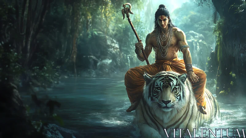 Warrior seated on white tiger in misty jungle river.