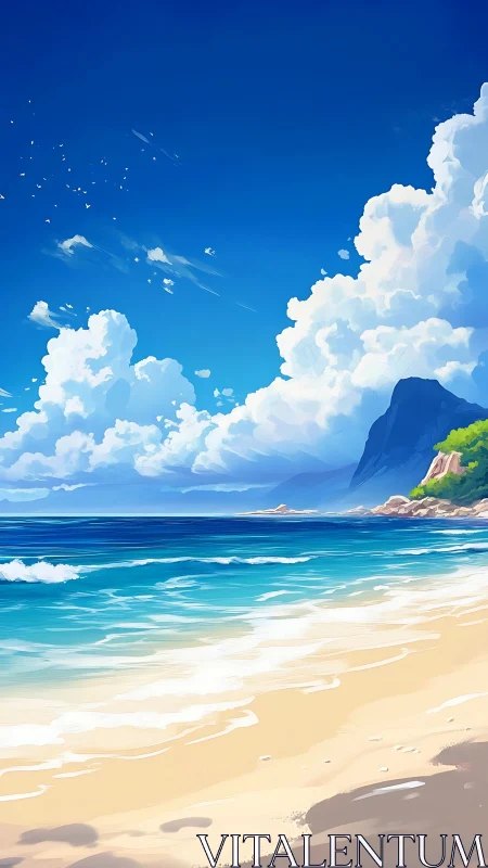 Calm sandy shoreline under bright blue sky and clouds.