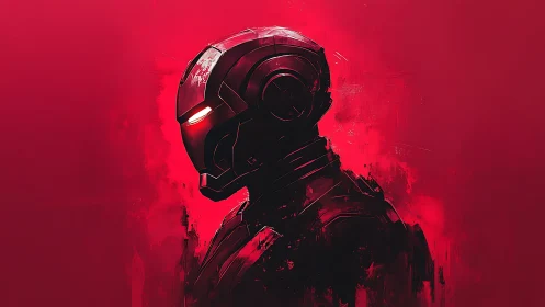 Side-profile combat android in red monochrome digital painting