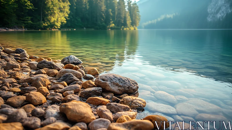 Rocky lakeshore with clear water and forested backdrop.