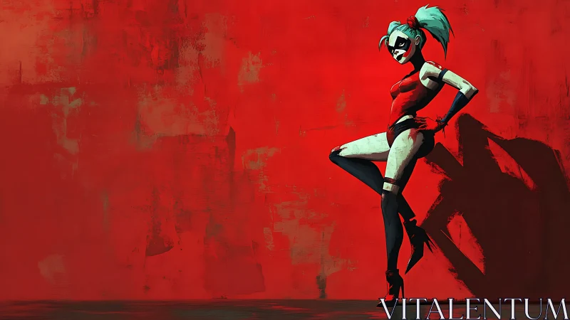 Bold jester antihero leans in defiance against red wall