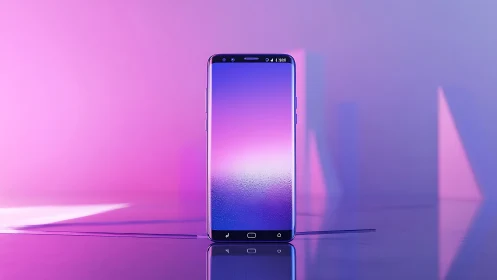 Bezel-less smartphone on reflective surface in neon light.