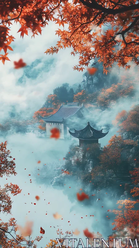 Misty mountain temple framed by vivid autumn maple leaves.