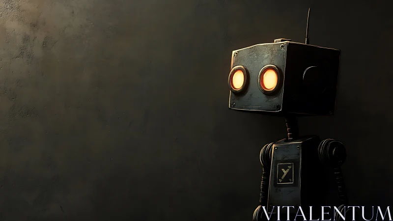 Curious little boxy robot gazes warmly into the shadows