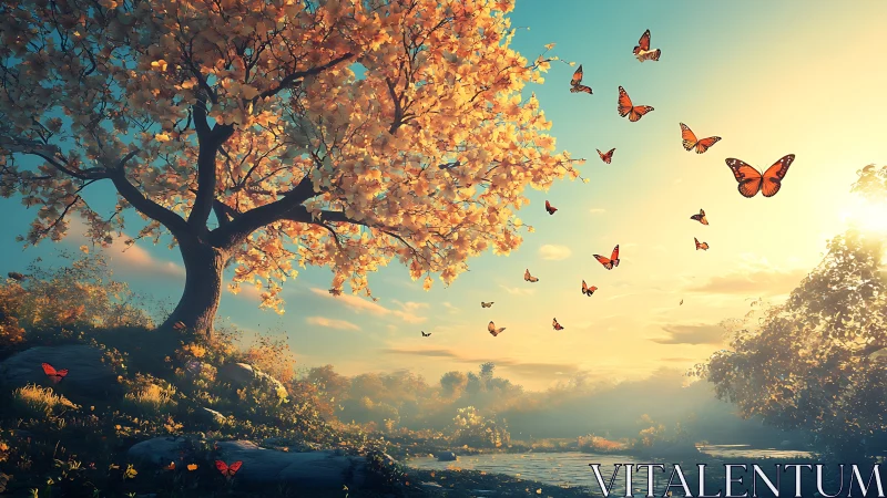 Butterflies move across sunlit riverside tree at dusk