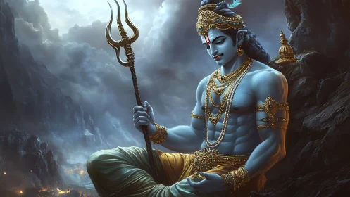 Blue-skinned divine warrior rendered in high-detail digital painting