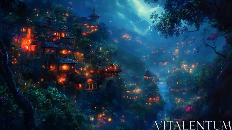 Lanternlit River Village Dreaming Beneath a Sapphire Moon.