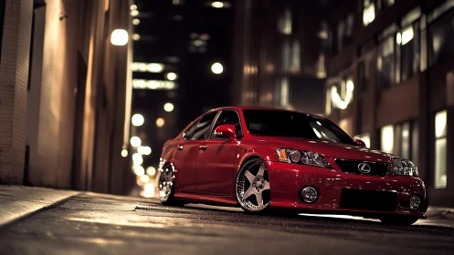 Lowered red Lexus sedan under city night lights in alley.