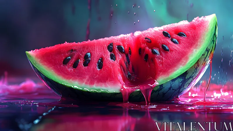 Watermelon slice rendered with intense dripping juice lighting