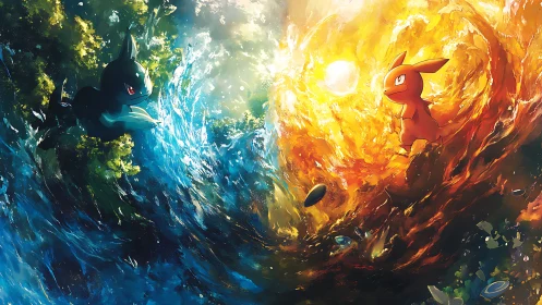 Elemental vortex duel contrasts stylized water and fire dynamics