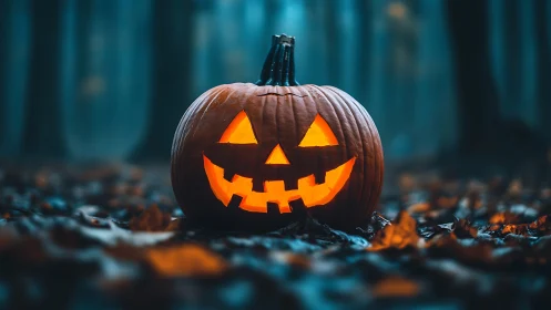 Illuminated carved pumpkin in dim woodland setting at dusk.