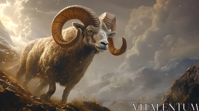 Ram stands on rocky mountain slope under dramatic clouds