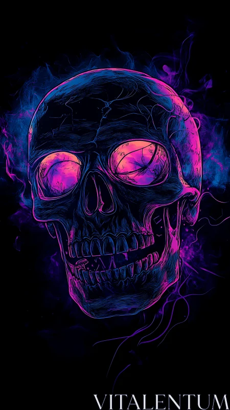 Neon-outlined skull floats in vaporous magenta and cyan haze