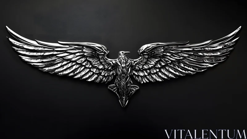 Metallic eagle with spread wings on black background, modern style.