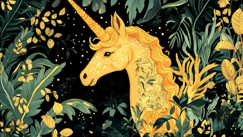 Ornate golden unicorn in dense botanical digital painting.