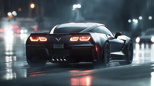Sleek sports coupe in cinematic rain-soaked urban night.