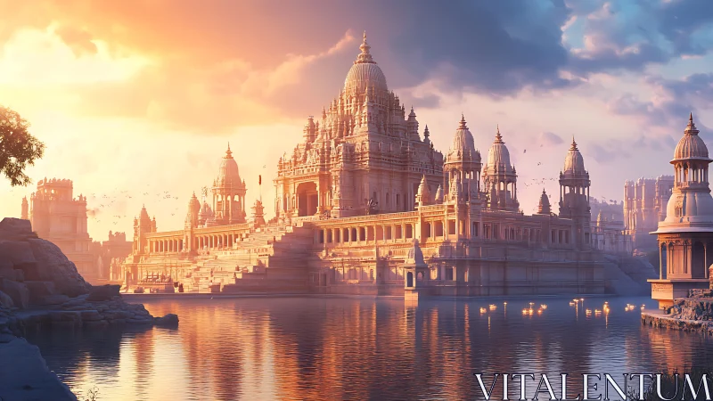 Sunlit riverside temple complex in luminous morning haze.