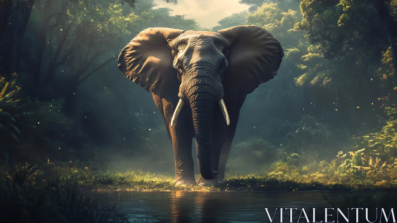 Solitary elephant standing in lush misty jungle clearing.