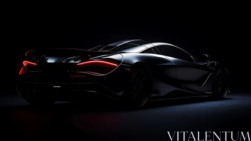 Rear three-quarter view shows dark sports car in low light