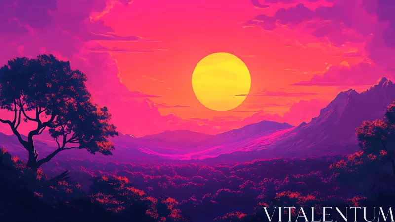 Neon sun descends over surreal magenta mountain valley.