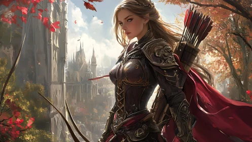 Armored elven archer surveys fortified gothic city in autumn light