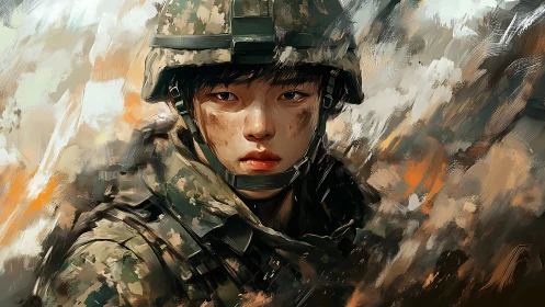 Young soldier amid painterly battlefield chaos portrait.