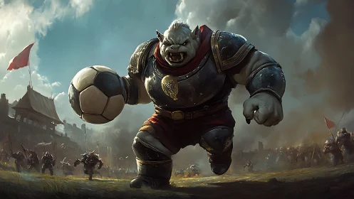 Orc warrior charges across battlefield holding soccer ball.