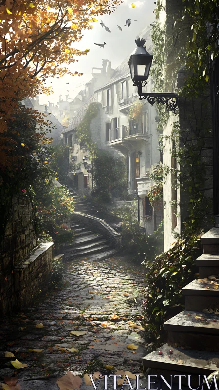 Digital painting of sunlit ivy lane with stepped cobblestone path.
